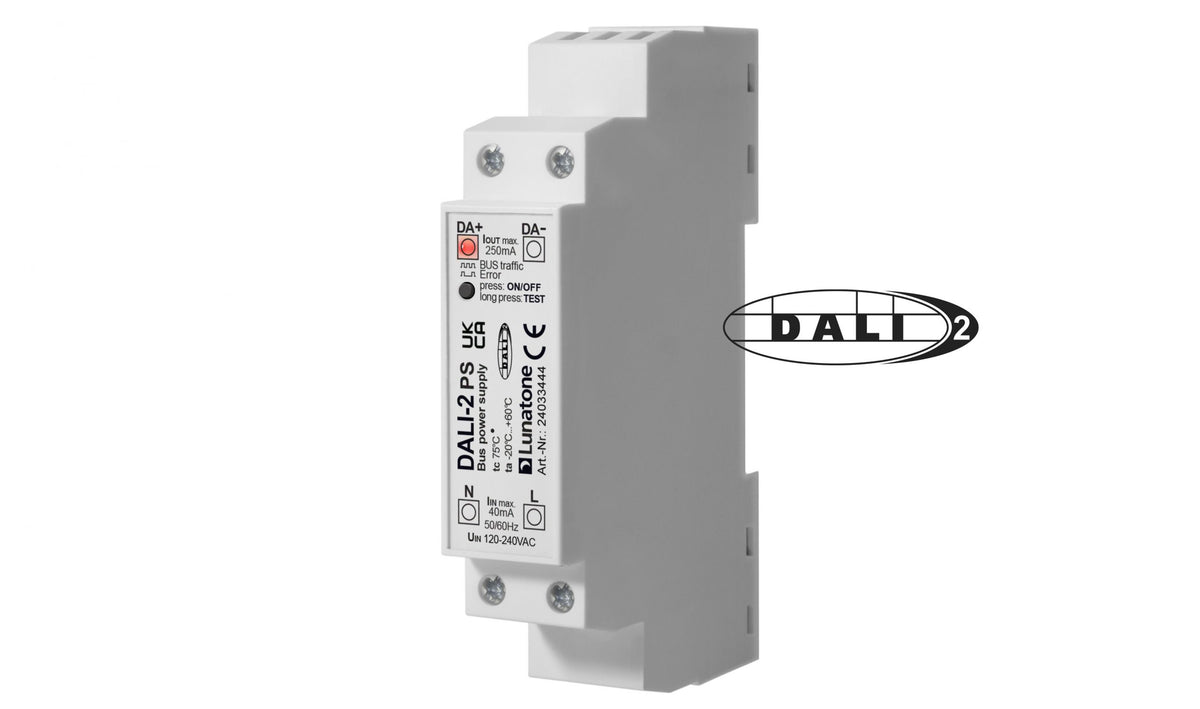 DALI-2 bus power supply 250 mA, DIN rail, test button – Lunatone