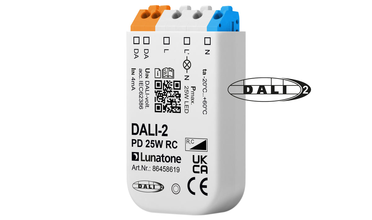 DALI-2 phase-cut dimmer 3–25 W, trailing edge R/C, back box – Lunatone