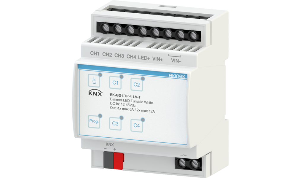 KNX dimmer 12/48 Vdc 4 monochromatic channels / 2 TW channels - Ekinex