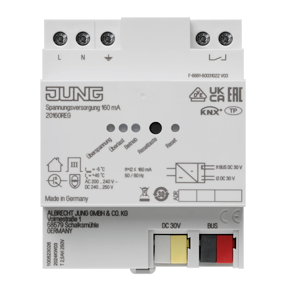 KNX power supply, 160 mA, rail mounting device, 4 rail units