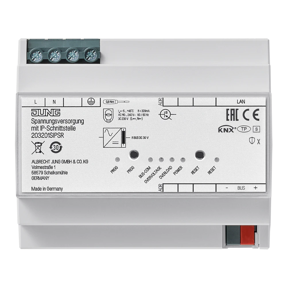 KNX power supply with IP interface, 320 mA, rail mounting device, 6 rail units