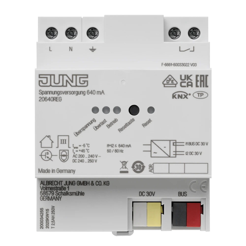 KNX power supply, 640 mA, rail mounting device, 4 rail units