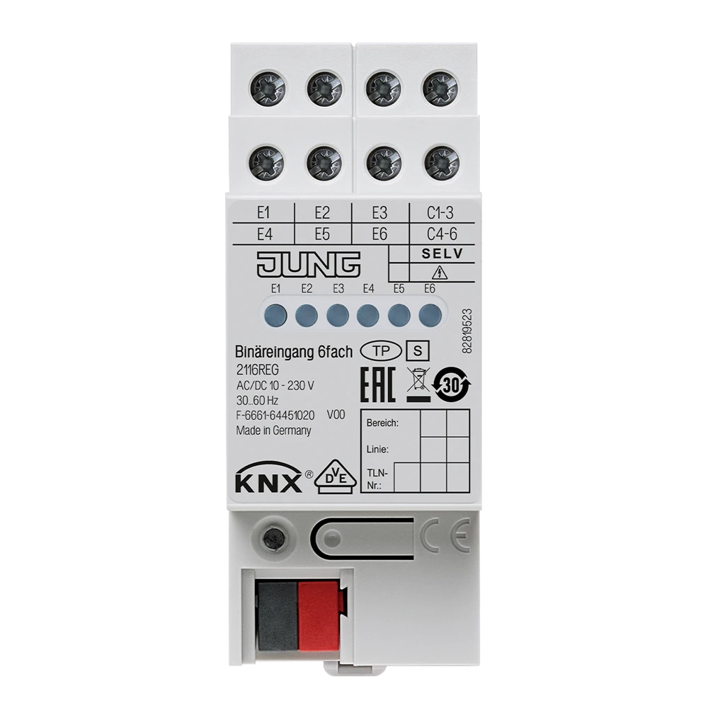 KNX binary input, 6-gang, rail mounting device, 2 rail units