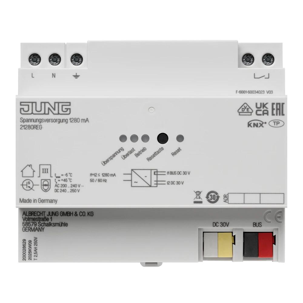 KNX power supply, 1,280 mA, rail mounting device, 6 rail units - JUNG
