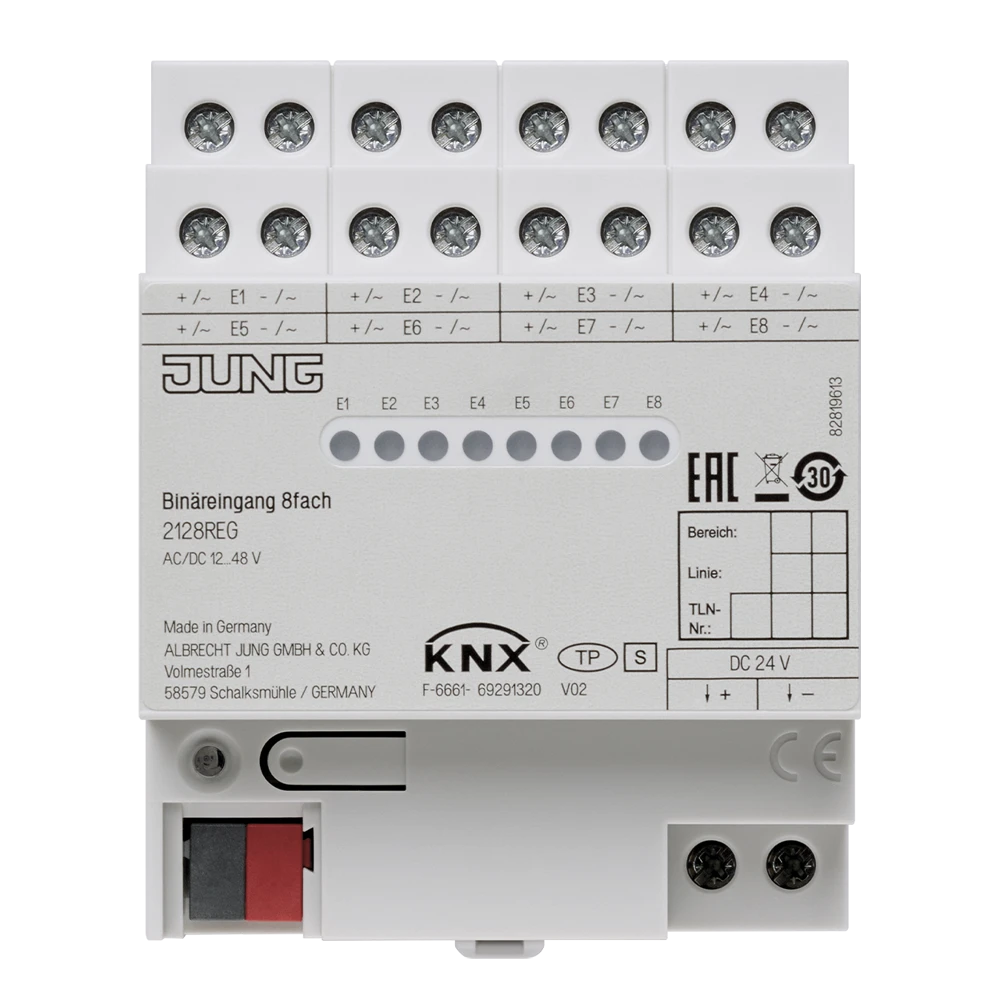 KNX binary input, 8-gang, rail mounting device, 4 rail units