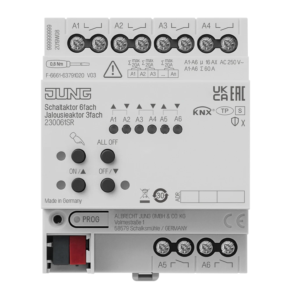 KNX switch actuator 6-gang, KNX blinds actuator 3-gang, 16 A / 140 µF, rail mounting device, 4 rail units, Secure