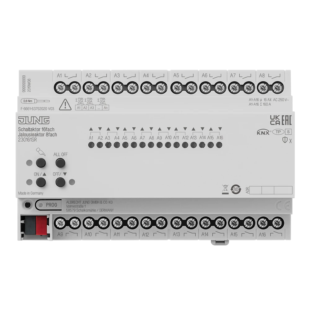 KNX switch / blinds actuator, 16/8-gang, 16 A / 140 µF, rail mounting device, 8 rail units, Secure