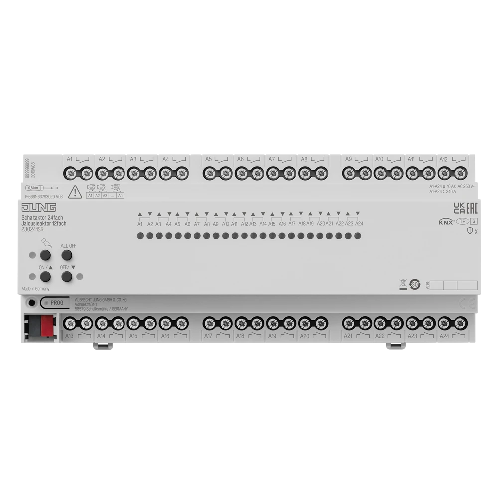 KNX switch / blinds actuator, 24/12-gang, 16 A / 140 µF, rail mounting device, 12 rail units, Secure