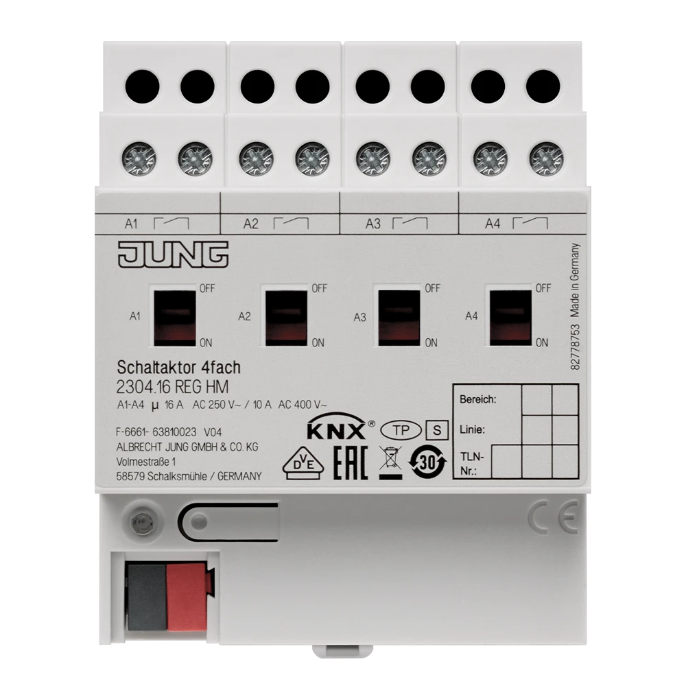 KNX switch actuator, 4-gang, 10 A / 140 µF, rail mounting device, 4 rail units