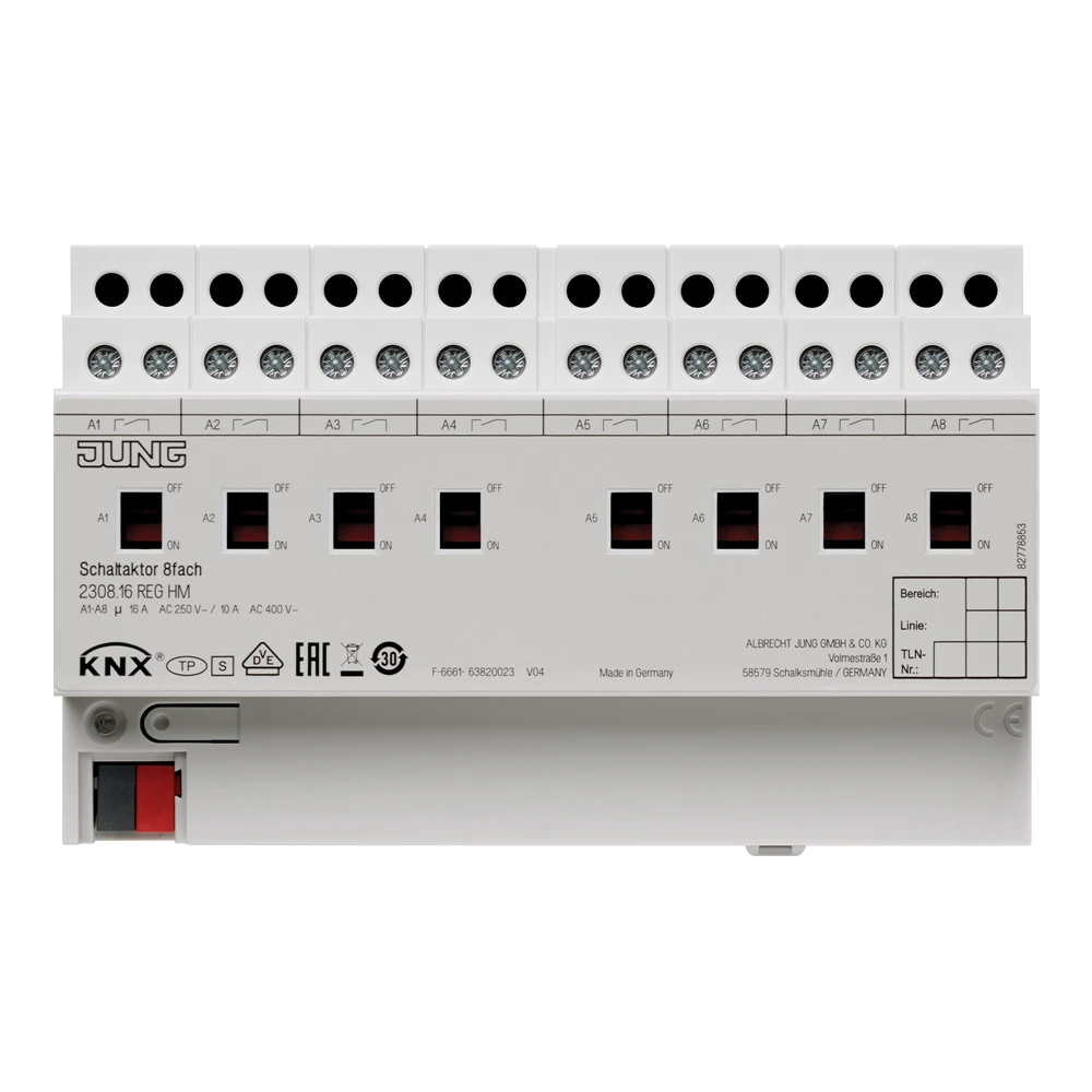 KNX switch actuator, 8-gang, 10 A / 140 µF, rail mounting device, 8 rail units
