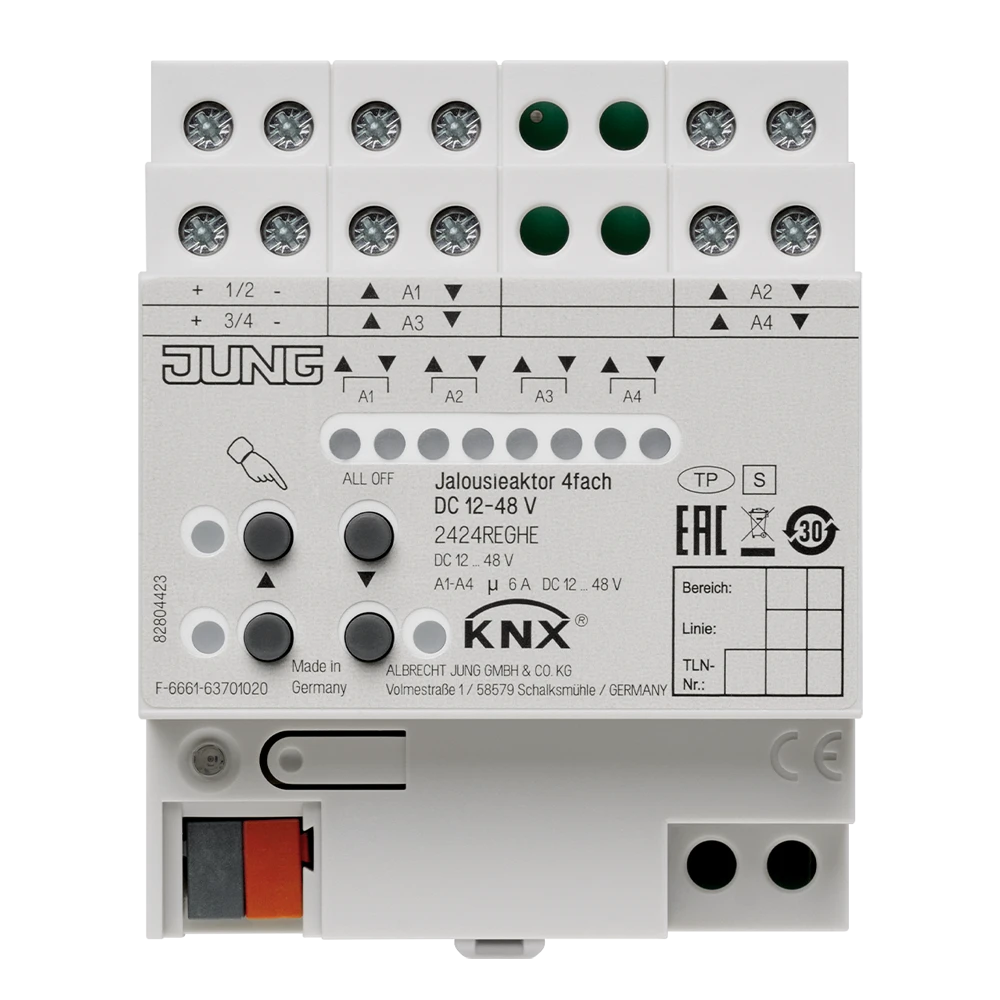 KNX blinds actuator, 4-gang DC 12-48 V, rail mounting device, 4 rail units