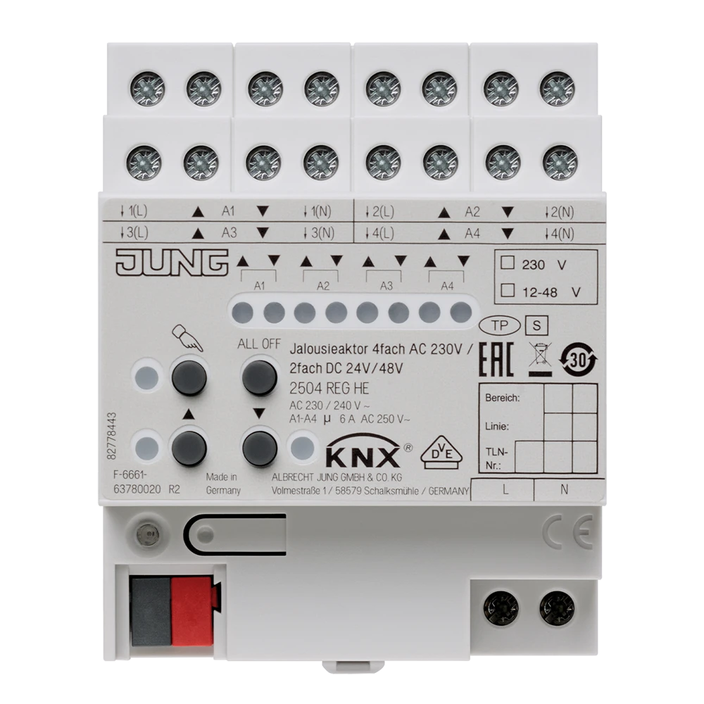 KNX blinds actuator, 4-gang AC 110-230 V, 2-gang DC 12-48 V, rail mounting device, 4 rail units