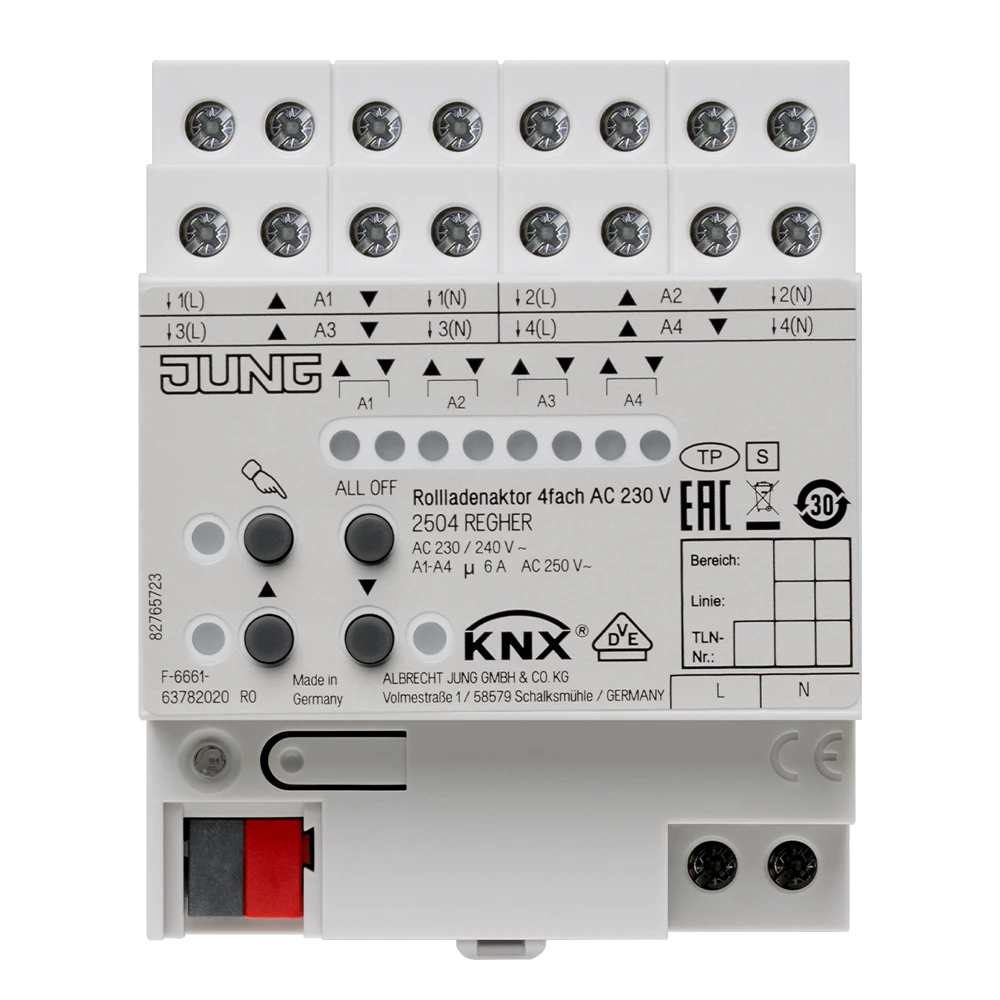 KNX shutter actuator 4-gang AC 110-230 V, rail mounting device, 4 rail units