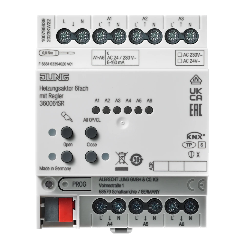 KNX heating actuator, 6-gang with controller, rail mounting device, 4 rail units