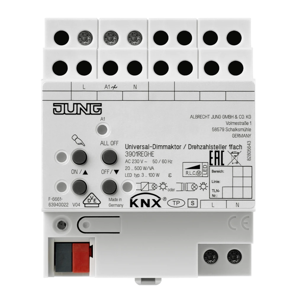 KNX LED universal dimming actuator / speed regulator, 1-gang, rail mounting device, 4 rail units