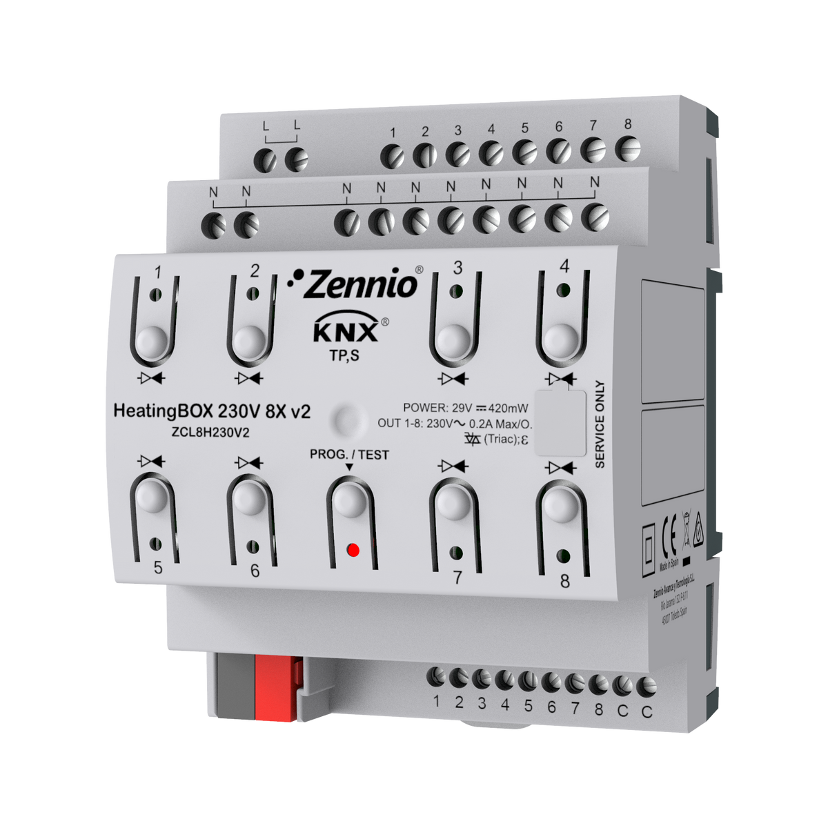 HeatingBOX 230V 8X v2. Heating actuator for up to 8 outputs 230VAC and 8 inputs by Zennio