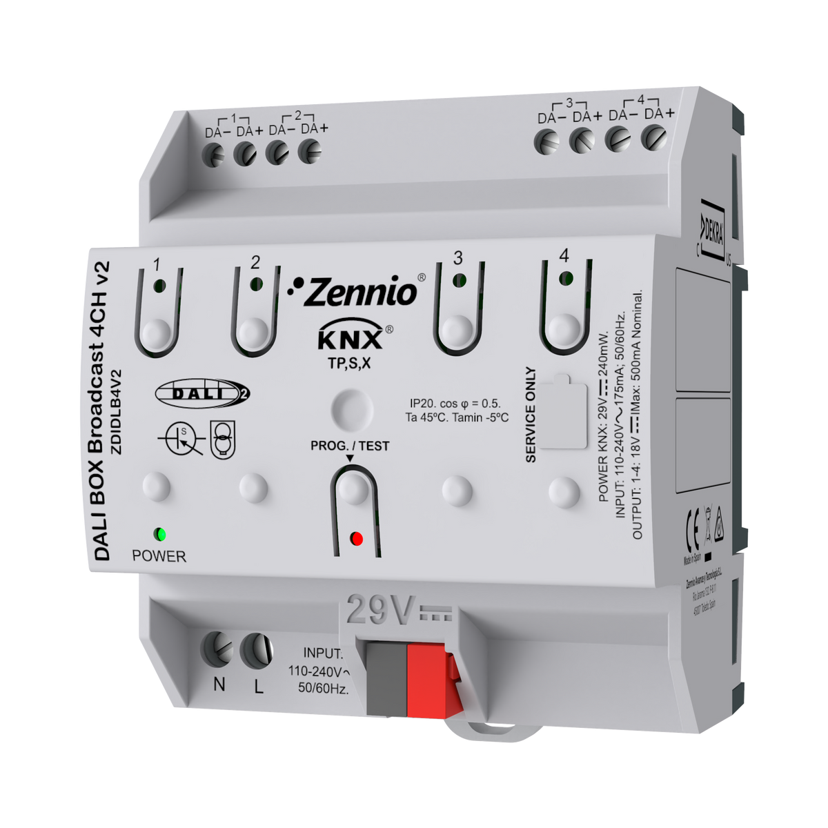 DALI BOX Broadcast 4CH v2. KNX-DALI Broadcast Interface to control up to 250 ballasts in 4 channels by Zennio