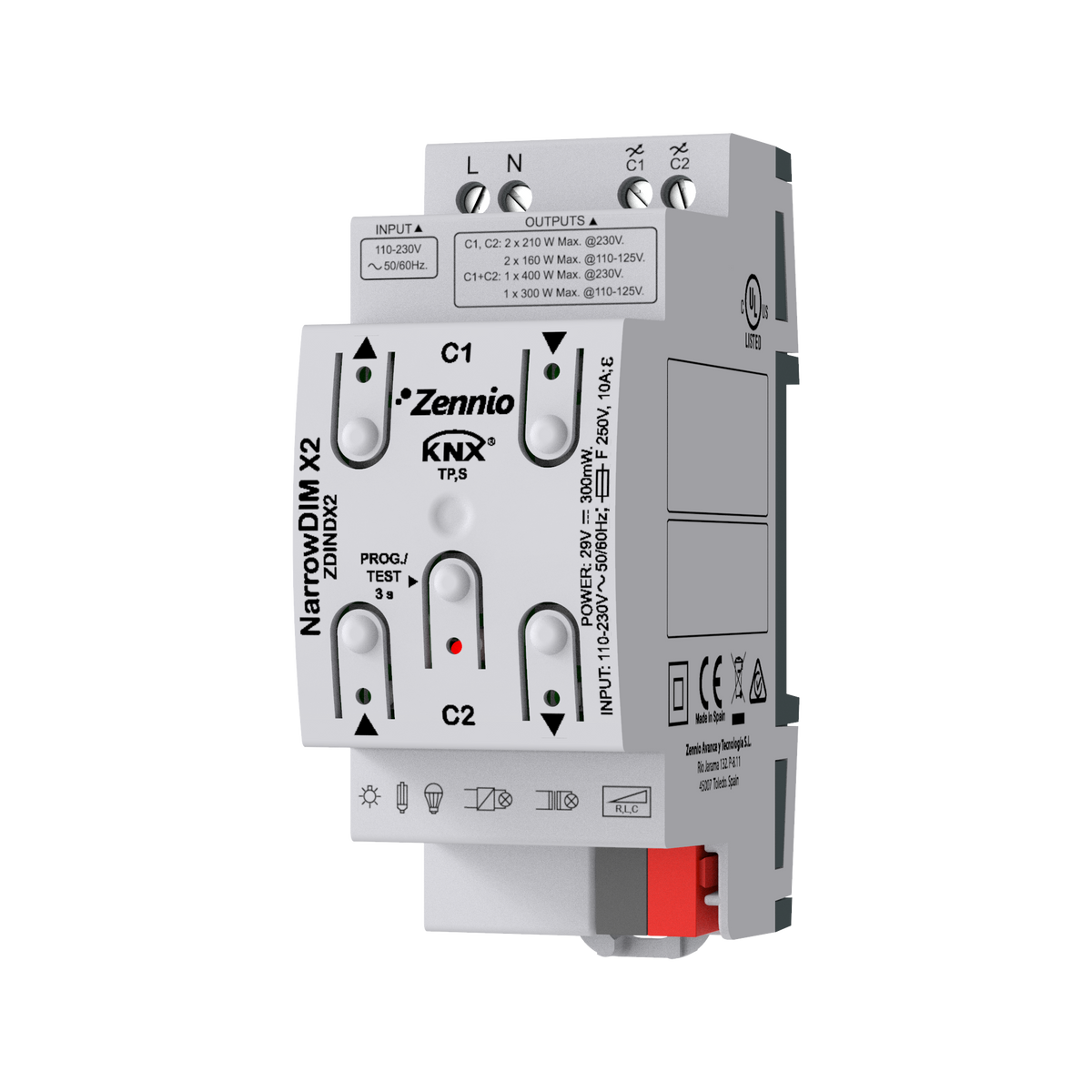 NarrowDIM X2. Universal dimmer actuator. 2 channels x 210W. 2 DIN units by Zennio