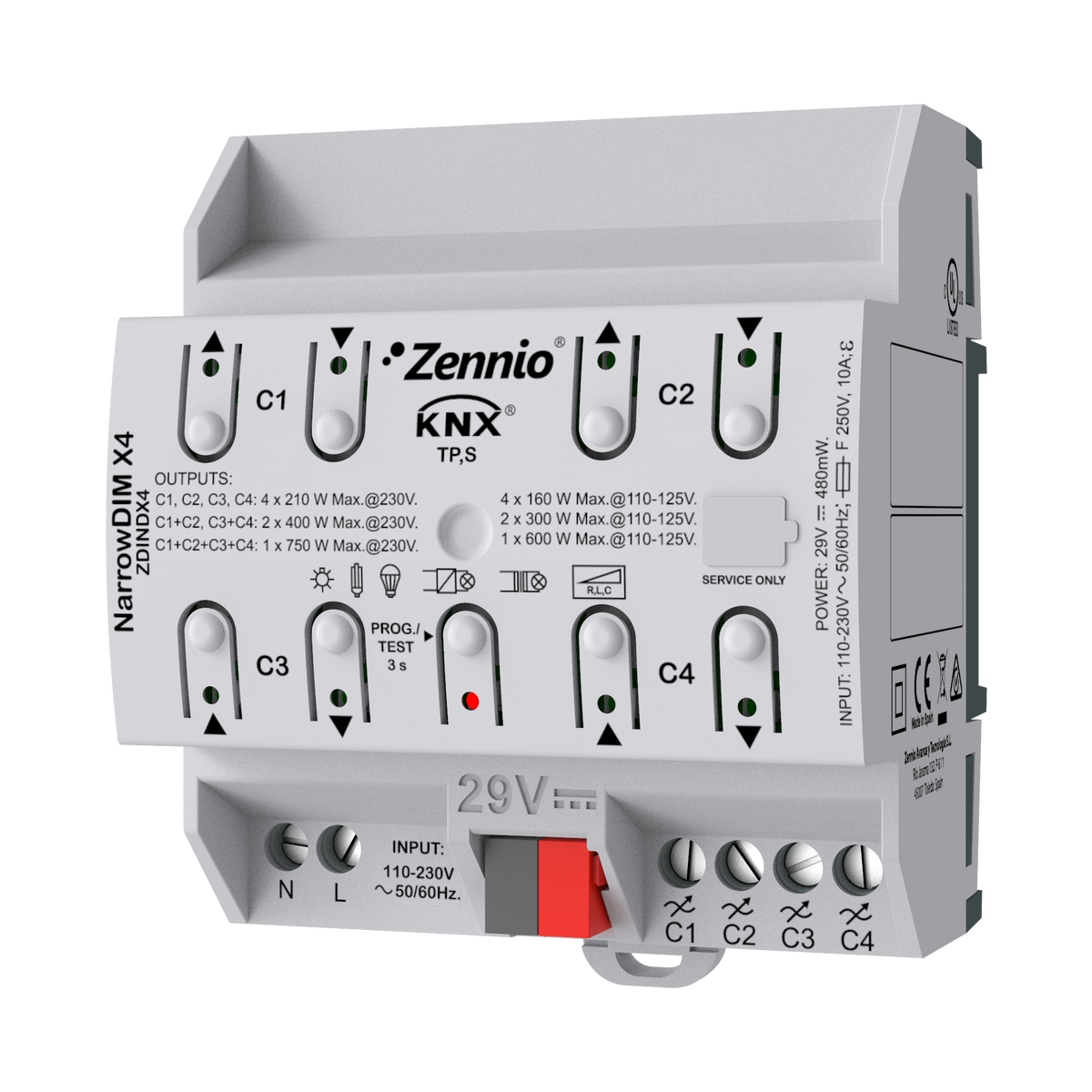 NarrowDIM X4. Universal dimmer actuator. 4 channels x 210W. 4.5 DIN units by Zennio