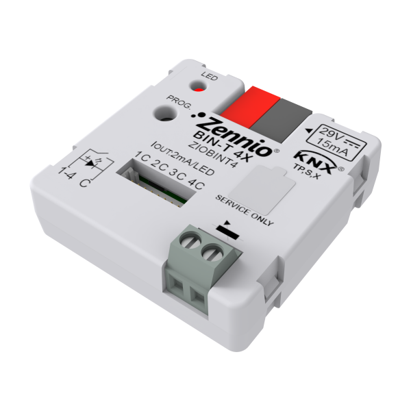 BIN-T 4X. Universal Interface 4 binary inputs/LED outputs and 1 temperature sensor input. by Zennio