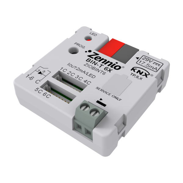 BIN-T 6X. Universal Interface 6 binary inputs/LED outputs and 1 temperature sensor input. by Zennio