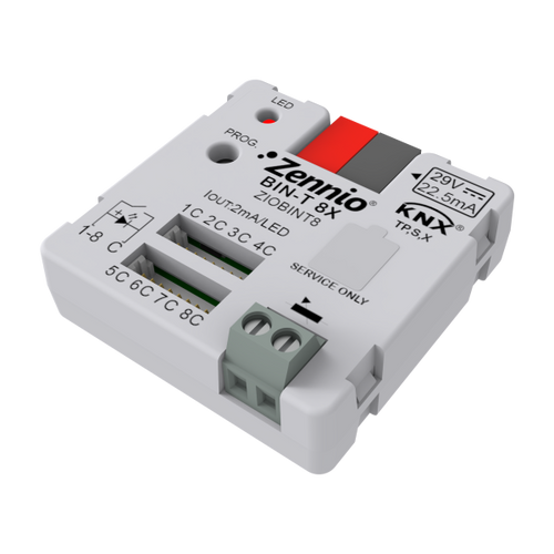 BIN-T 8X. Universal Interface 8 binary inputs/LED outputs and 1 temperature sensor input. by Zennio