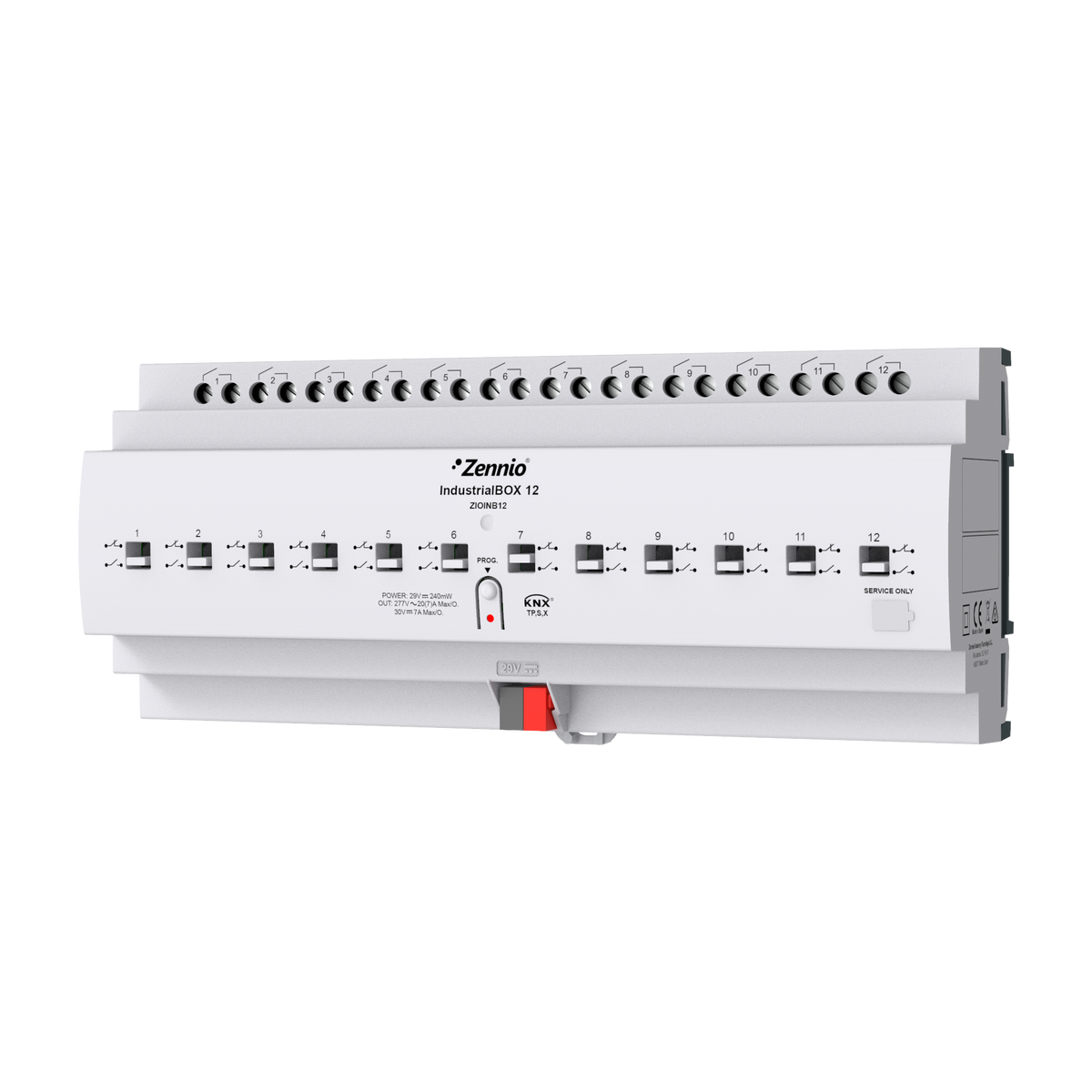 IndustrialBOX 12. Industrial actuator with 12 outputs (20 A - 200 µF), mechanical manual operation and KNX Secure by Zennio