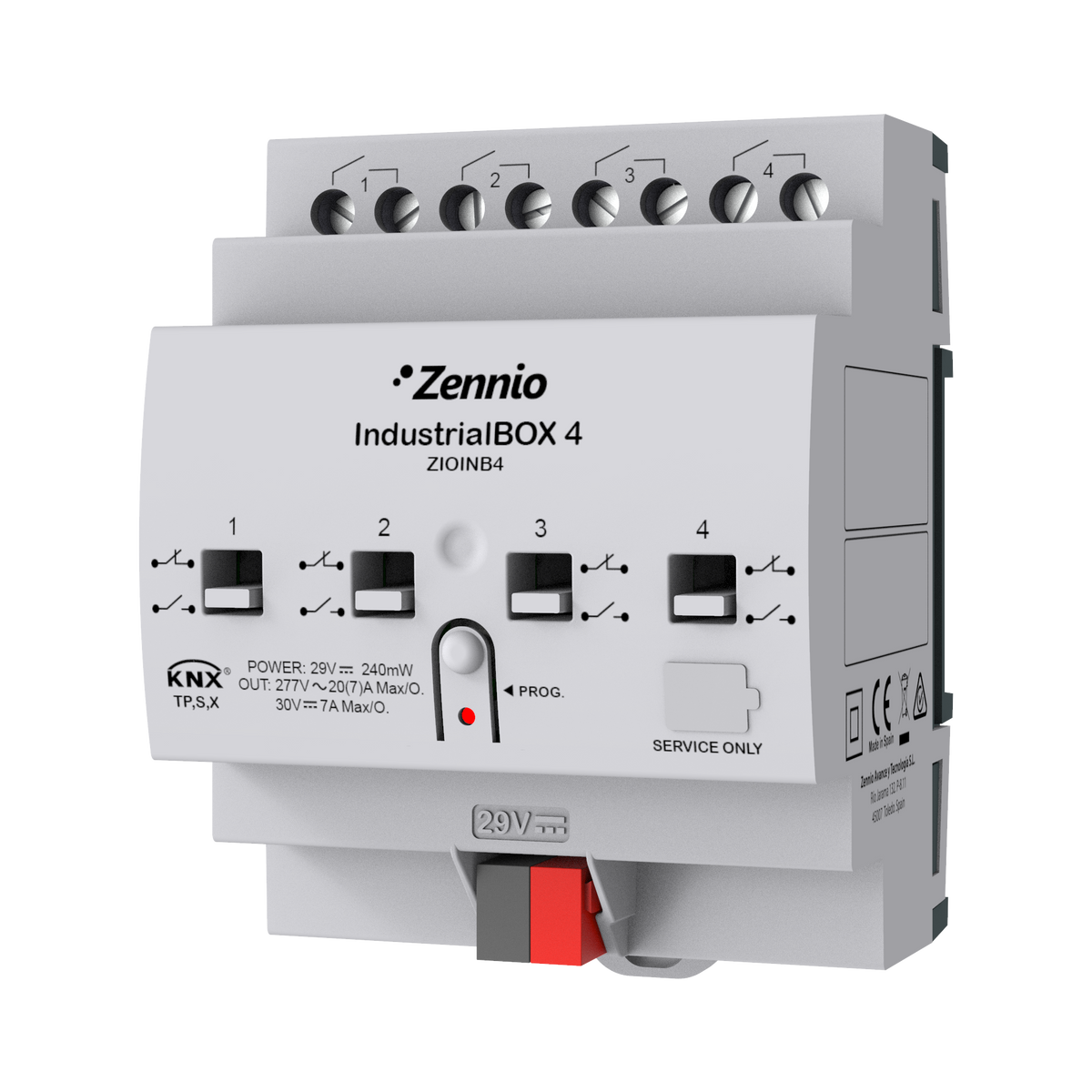 IndustrialBOX 4. Industrial actuator with 4 outputs (20 A - 200 µF), mechanical manual operation and KNX Secure by Zennio