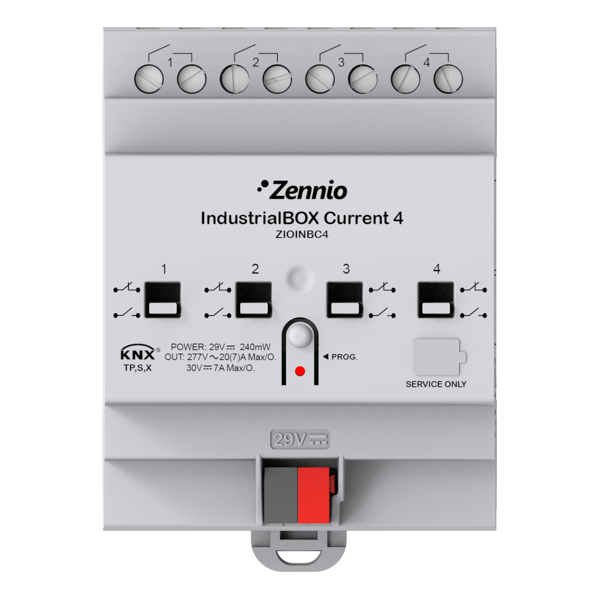 IndustrialBOX Current 4. Industrial actuator with 4 outputs (20 A - 200 µF), current measurement and KNX Secure by Zennio