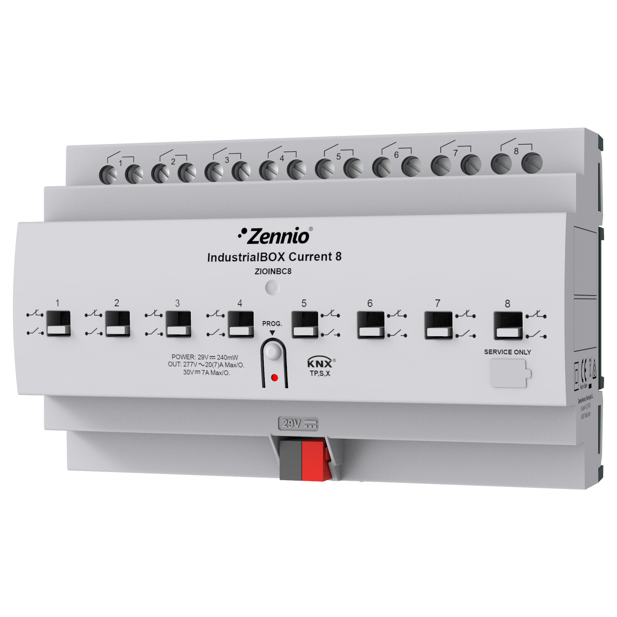 IndustrialBOX Current 8. Industrial actuator with 8 outputs (20 A - 200 µF), current measurement and KNX Secure by Zennio