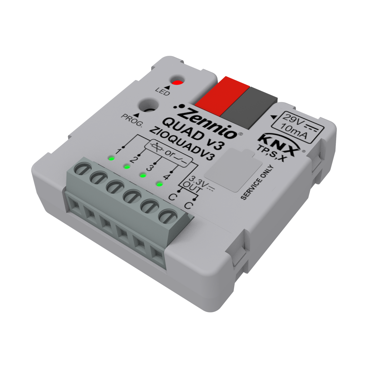 QUAD v3. Input module with 4 analog-digital inputs with status indicator LEDs. by Zennio