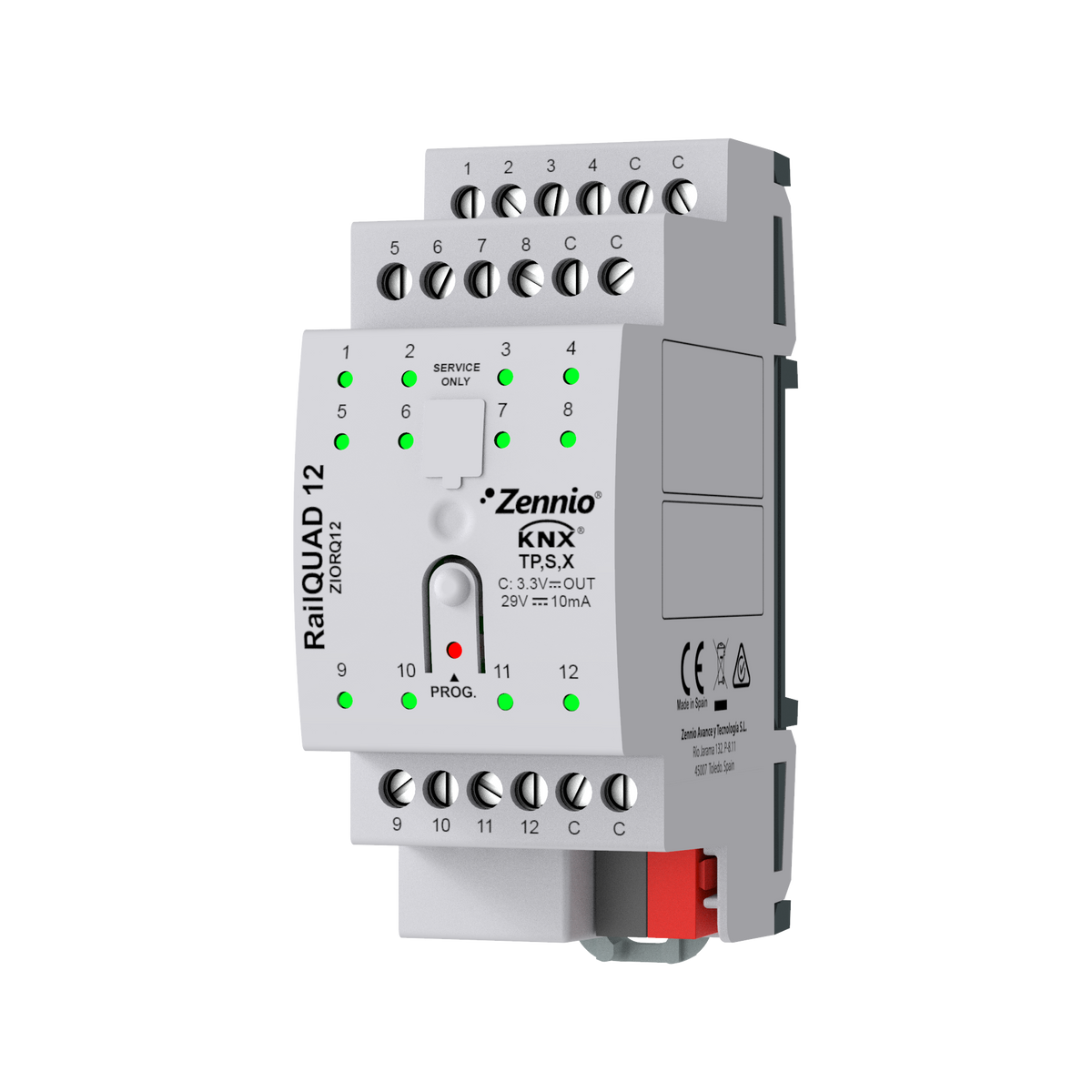 RailQUAD 12. Input module with 12 analog-digital inputs for DIN rail with status indicator LEDs. by Zennio