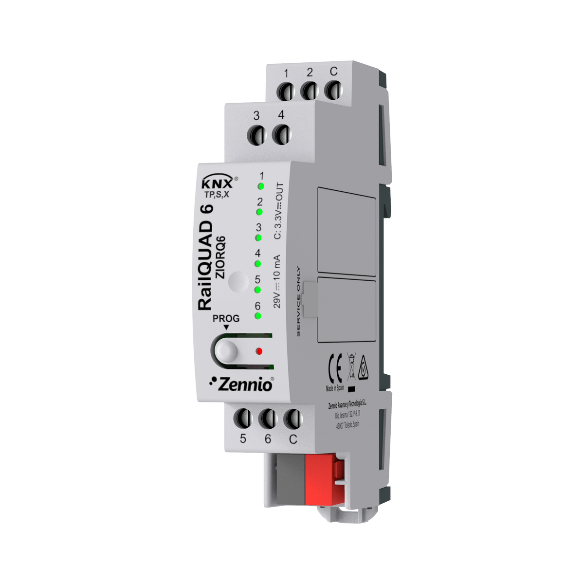 RailQUAD 6. Input module with 6 analog-digital inputs for DIN rail with status indicator LEDs. by Zennio