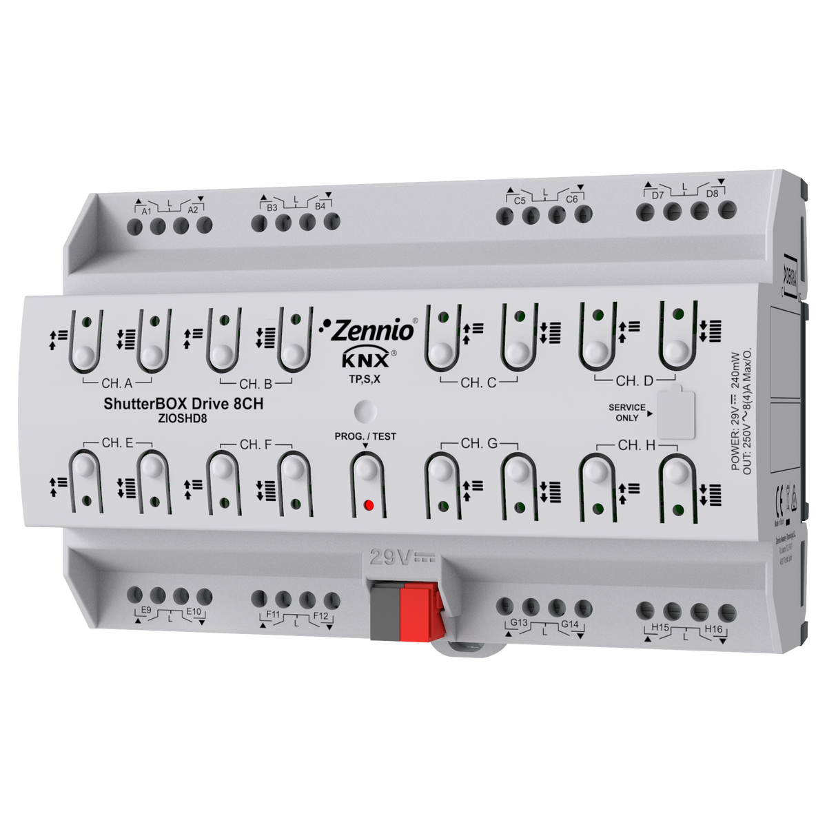 ShutterBOX Drive 8CH. 8-channel shutter actuator with automatic travel time detection and KNX Secure by Zennio