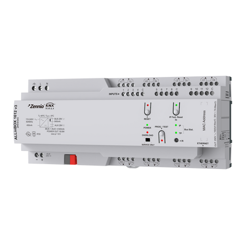 ALLinBOX 1612 v3. Multifunction device with KNX power supply, KNX-IP Interface, 16 outputs/12 inputs and logic module by Zennio