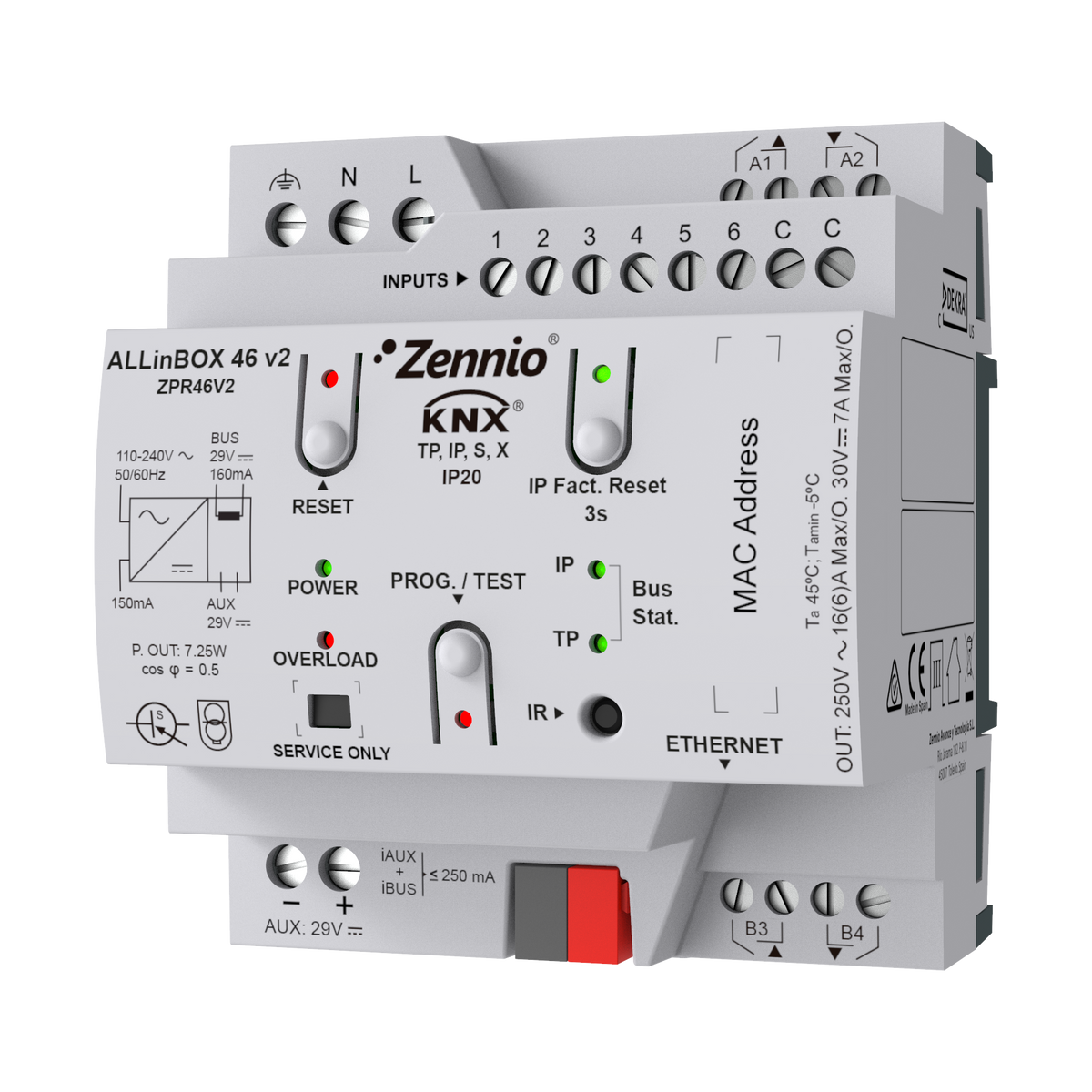 ALLinBOX 46 v2. Multifunction device with KNX power supply, KNX-IP Interface, 4 outputs/6 inputs and logic module by Zennio