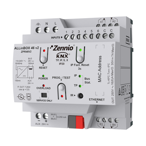 ALLinBOX 46 v2. Multifunction device with KNX power supply, KNX-IP Interface, 4 outputs/6 inputs and logic module by Zennio