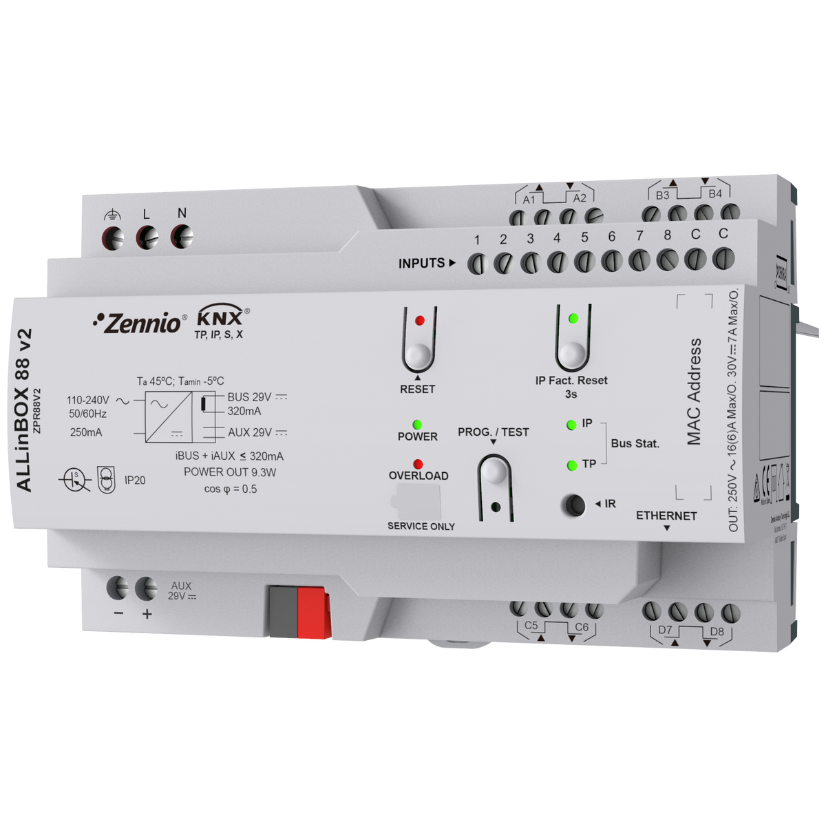ALLinBOX 88 v2. Multifunction device with KNX power supply, KNX-IP Interface, 8 outputs/8 inputs and logic module by Zennio