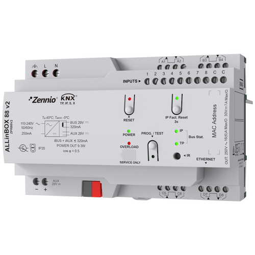 ALLinBOX 88 v2. Multifunction device with KNX power supply, KNX-IP Interface, 8 outputs/8 inputs and logic module by Zennio