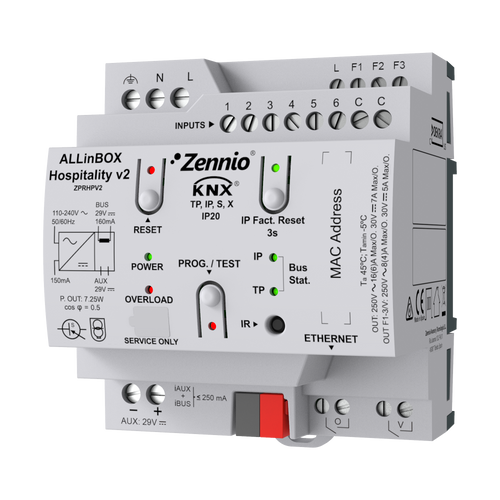 ALLinBOX Hospitality v2. Multifunction device with KNX power supply, KNX-IP Interface, fan coil controller for 2-pipe unit and 6 a/d inputs by Zennio