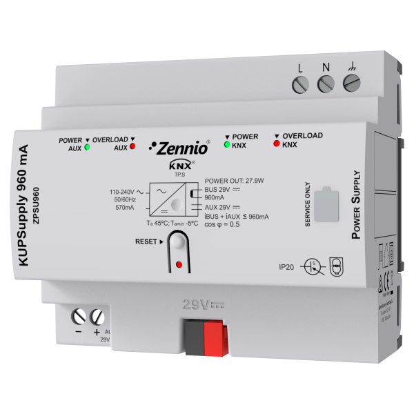 KUPSupply 960mA. KNX Universal power supply 960mA plus 29VDC auxiliary power supply by Zennio